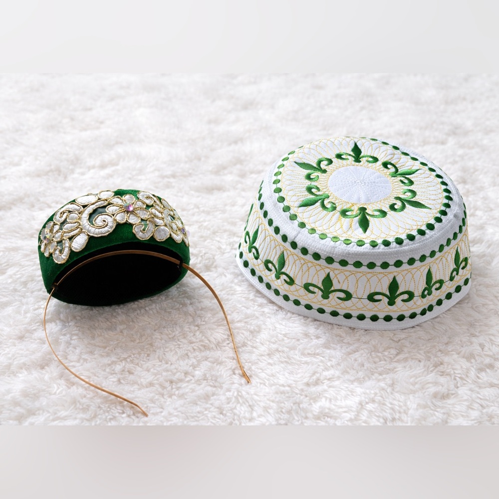 Green and Gold Embroidered girls and boys Headband tyubetei Muslim traditional